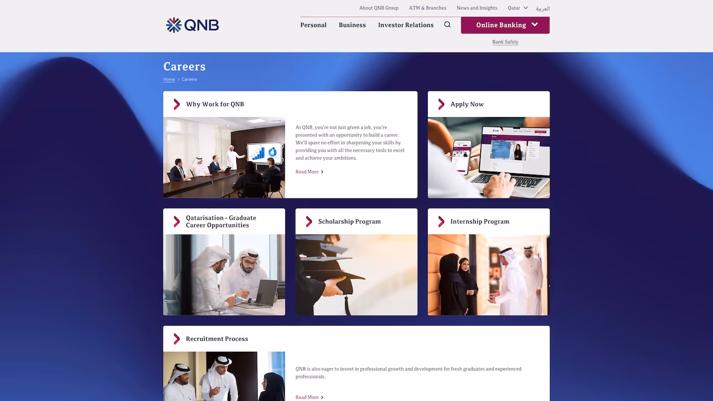 Screenshot of the official career page of QNB