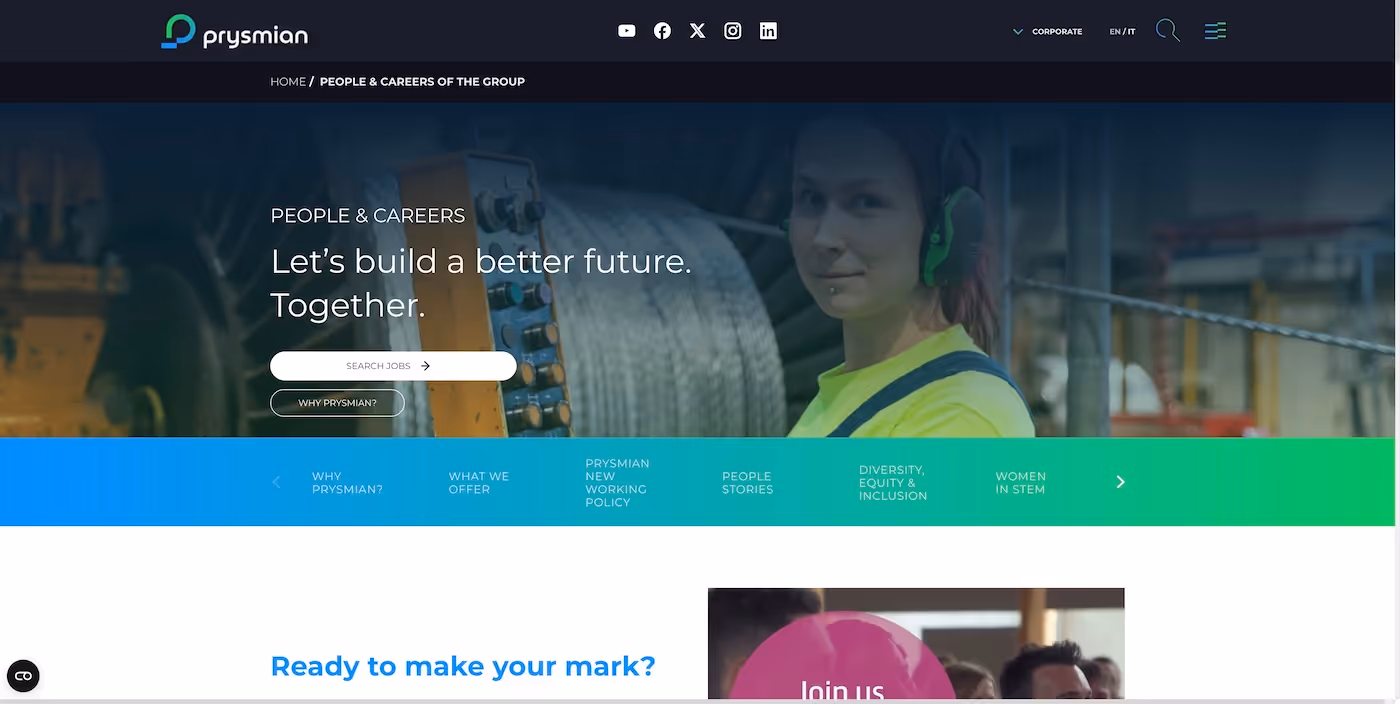 Screenshot of the official career page of Prysmian