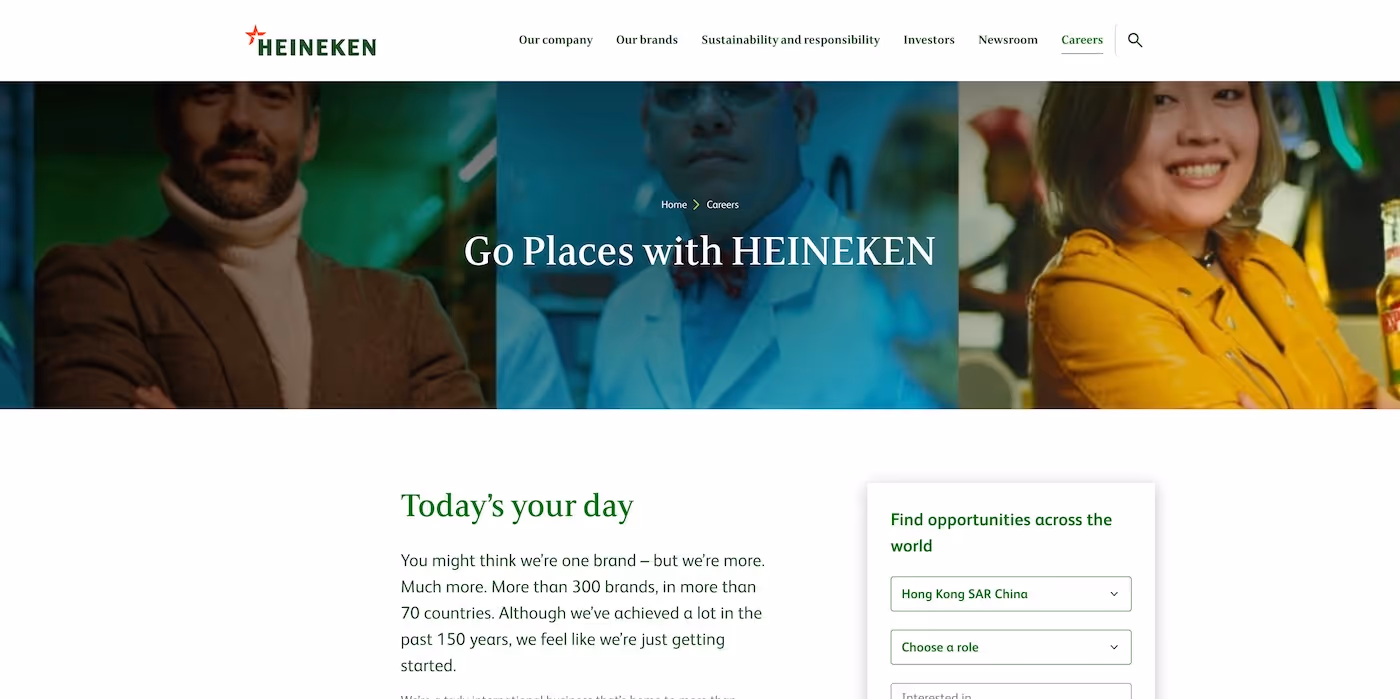 Screenshot of the official career page of Heineken