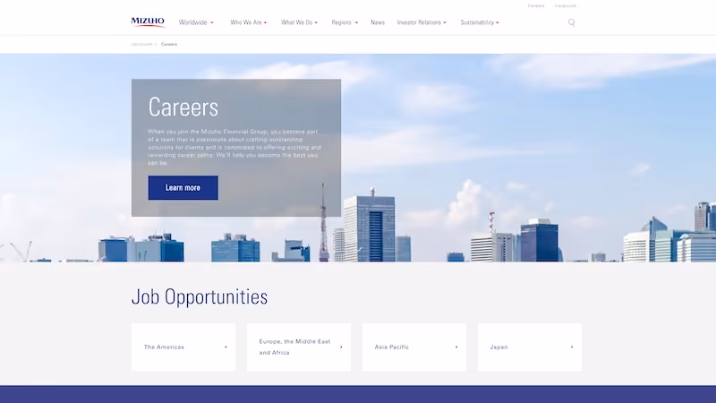Screenshot of the official career page of Mizuho Financial Group