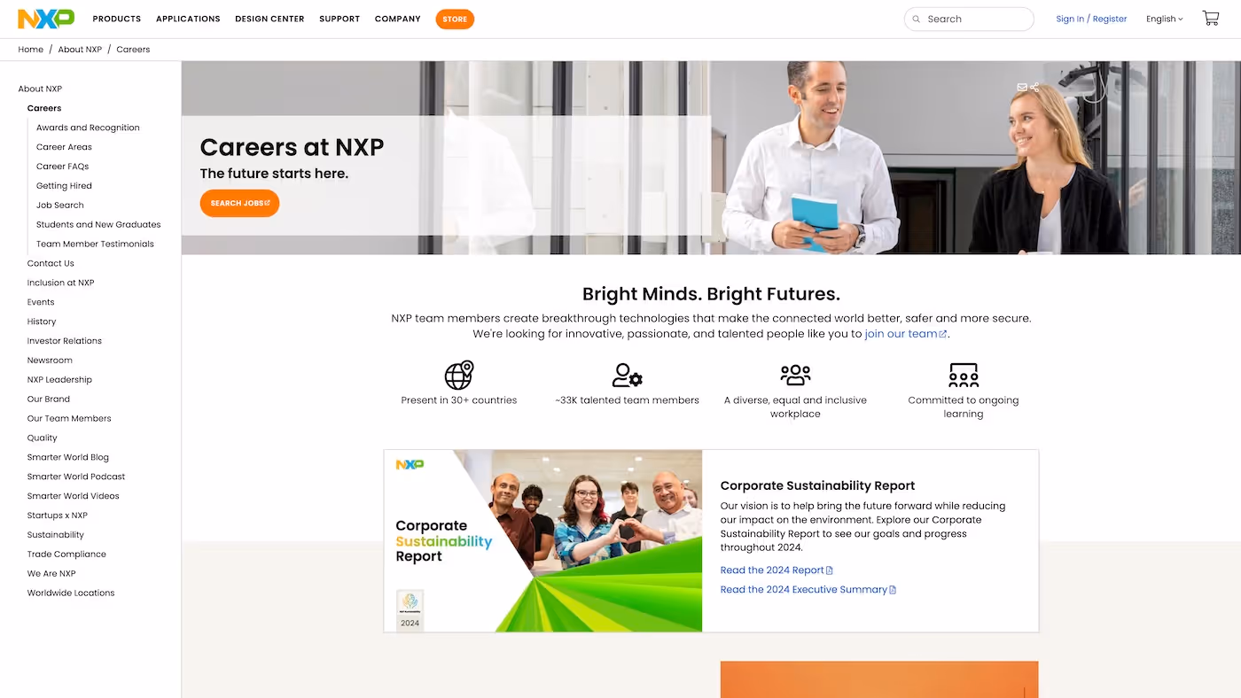 Screenshot of the official career page of NXP Semiconductors