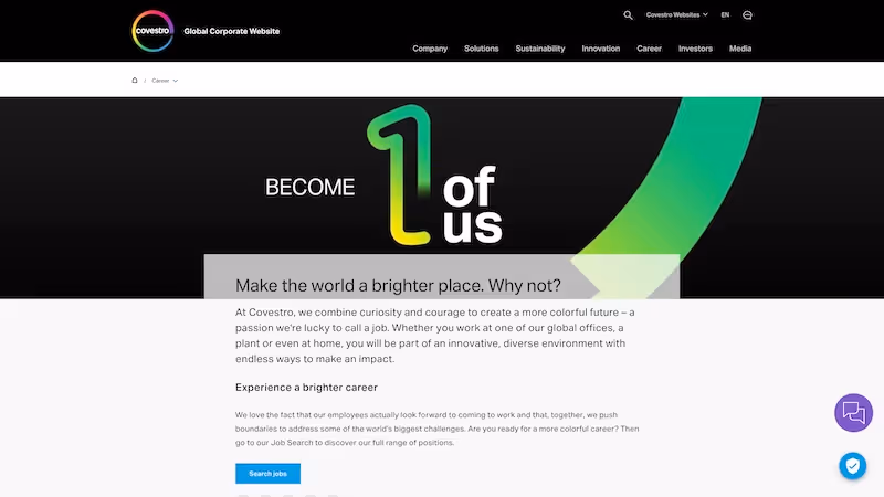 Screenshot of the official career page of Covestro