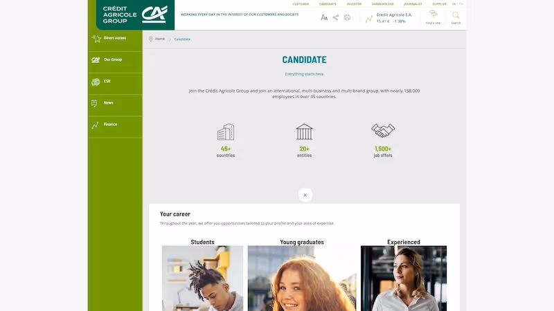 Screenshot of the official career page of Crédit Agricole