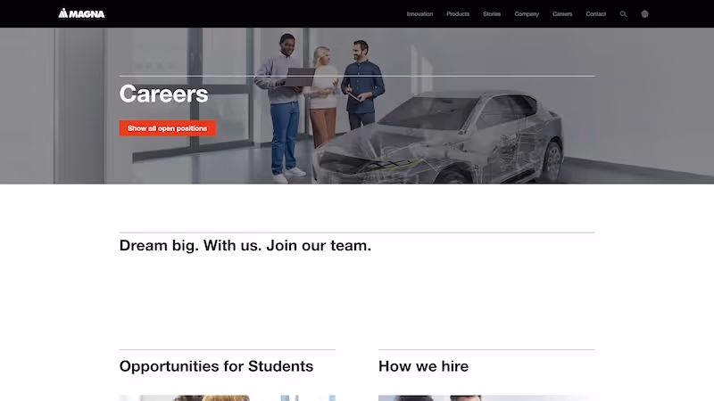 Screenshot of the official career page of Magna International