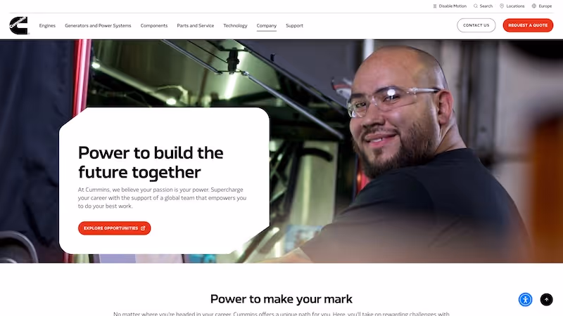 Screenshot of the official career page of Cummins