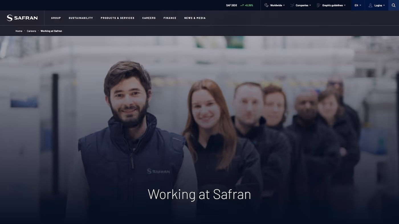 Screenshot of the official career page of Safran