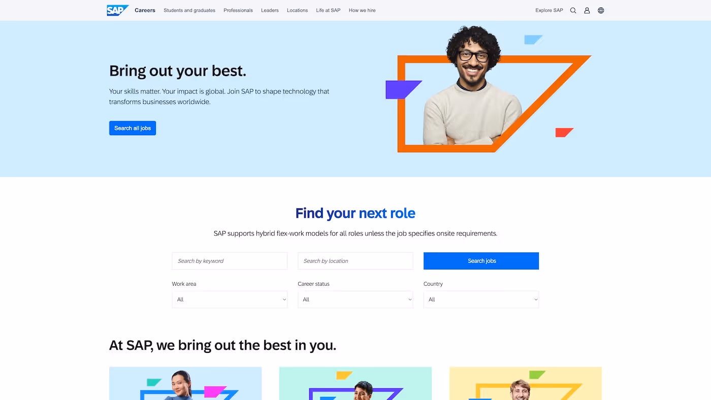 Screenshot of the official career page of SAP