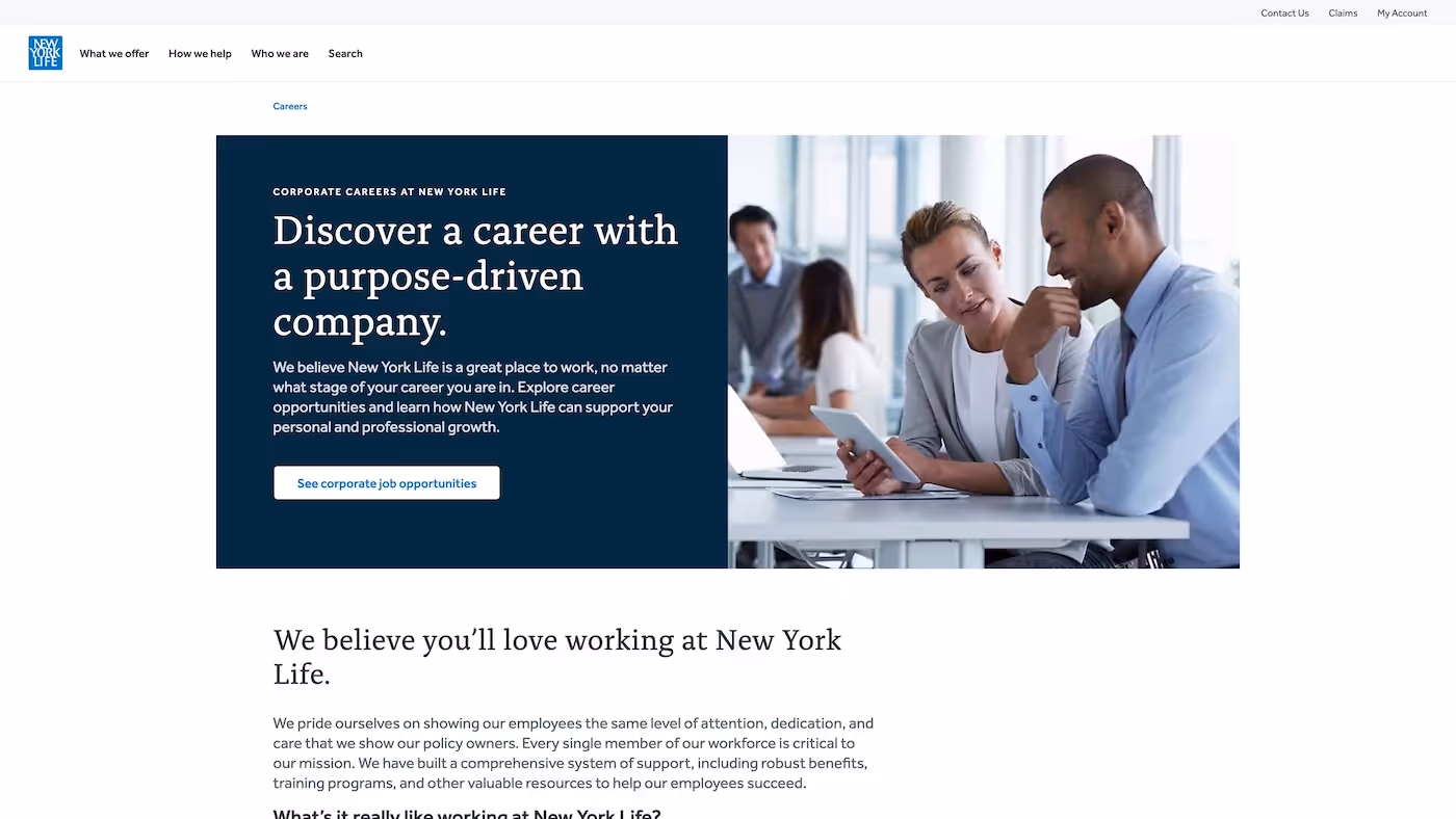 Screenshot of the official career page of New York Life Insurance