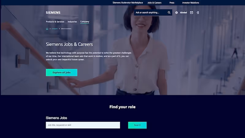 Screenshot of the official career page of Siemens