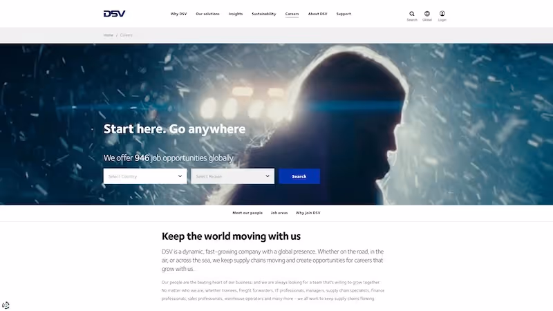 Screenshot of the official career page of DSV