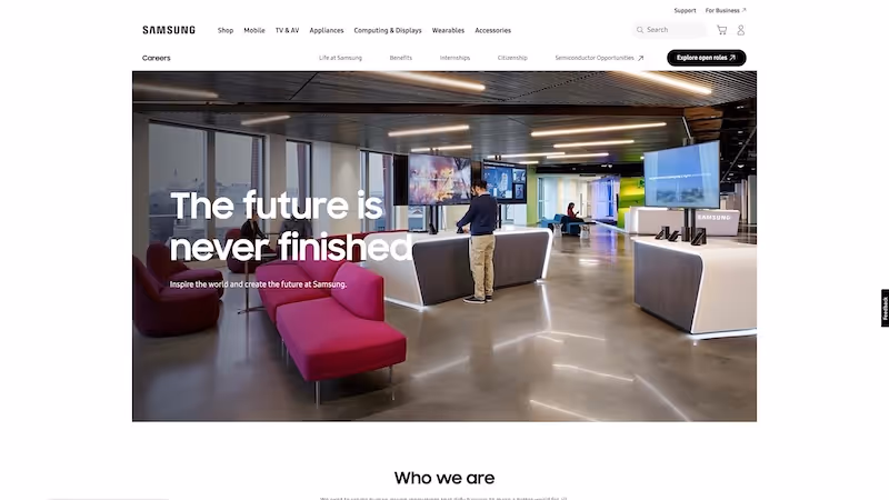 Screenshot of the official career page of Samsung