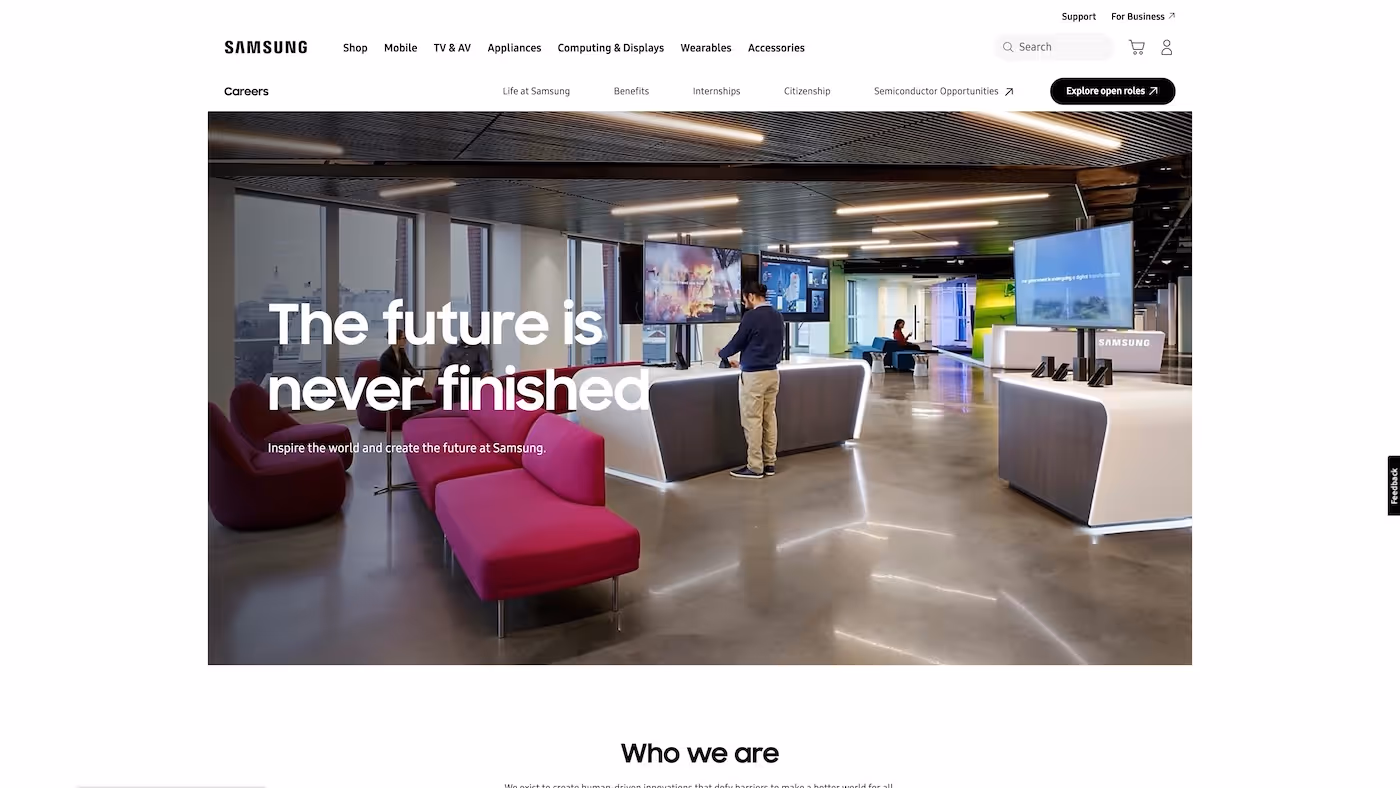Screenshot of the official career page of Samsung