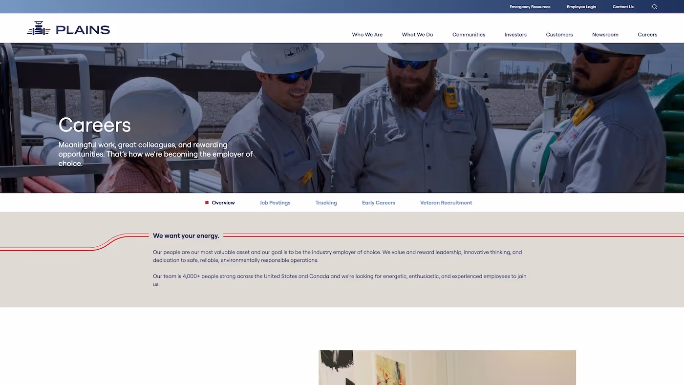 Screenshot of the official career page of Plains