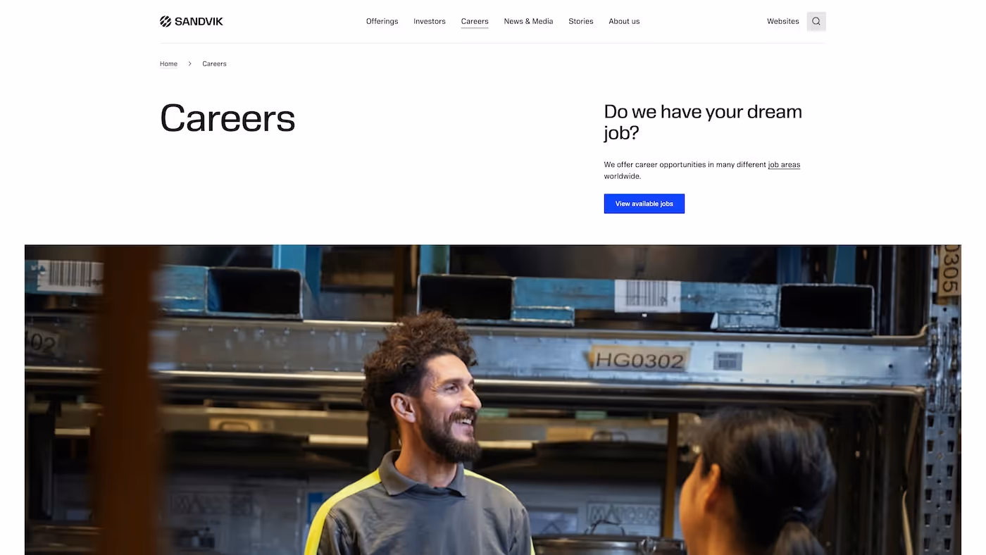 Screenshot of the official career page of Sandvik