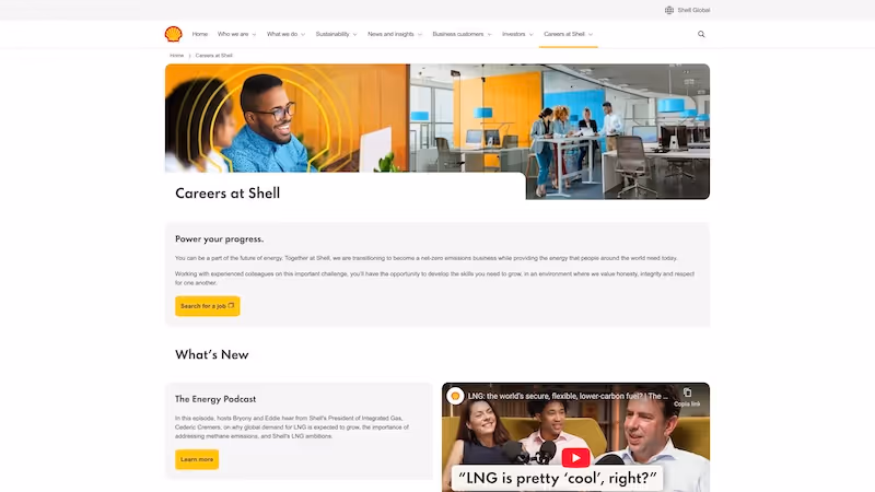 Screenshot of the official career page of Shell