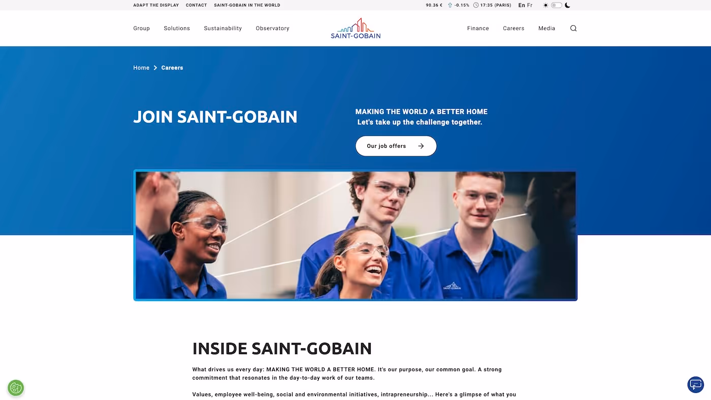 Screenshot of the official career page of Saint-Gobain