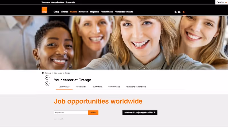 Screenshot of the official career page of Orange