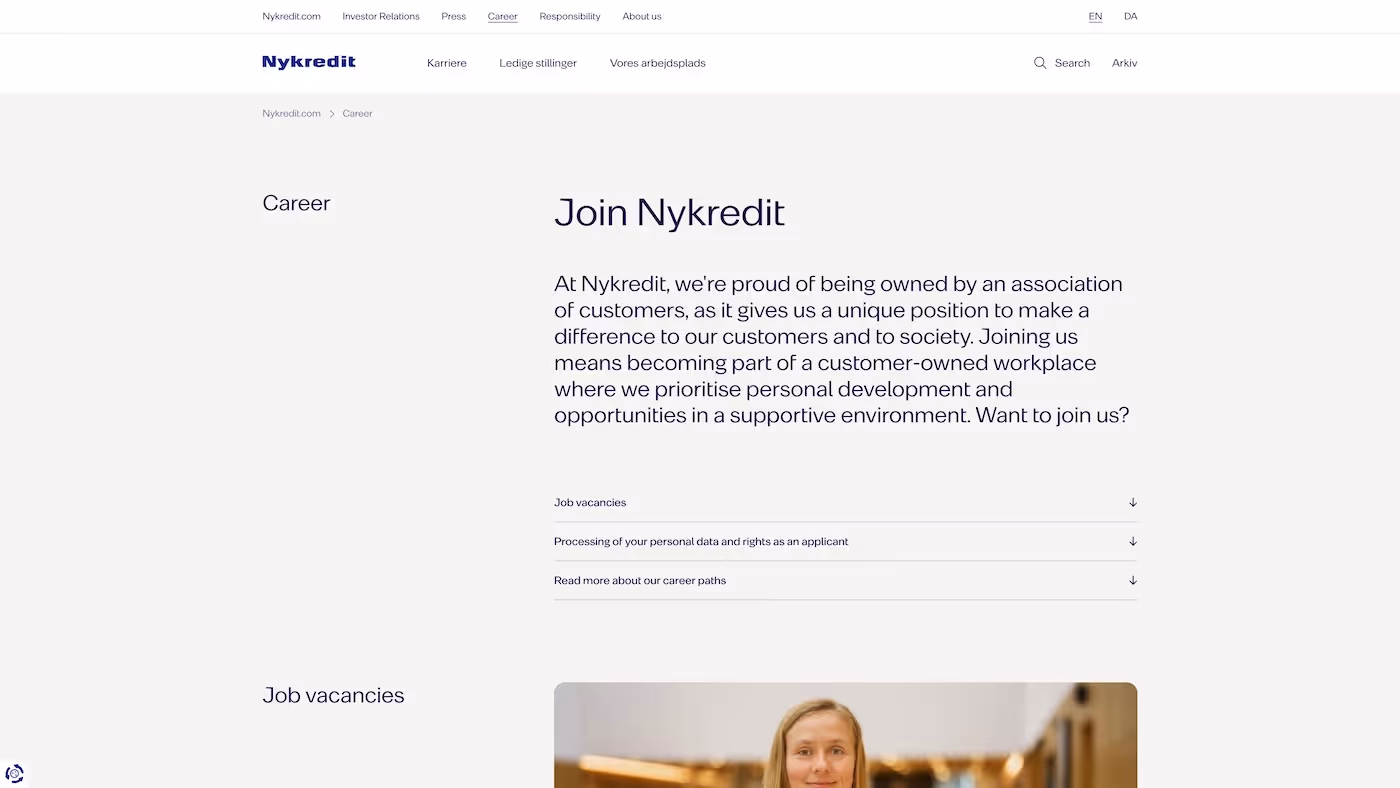 Screenshot of the official career page of Nykredit Group