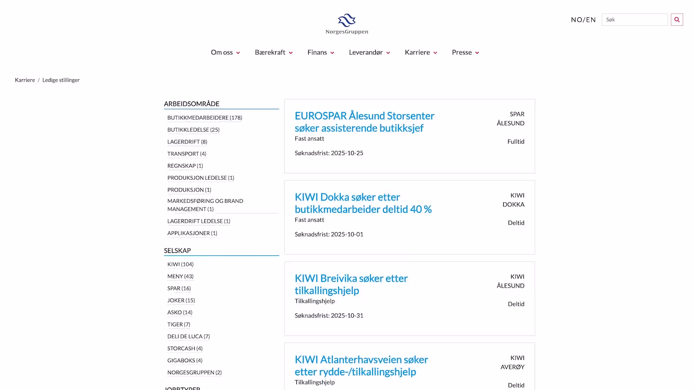 Screenshot of the official career page of NorgesGruppen