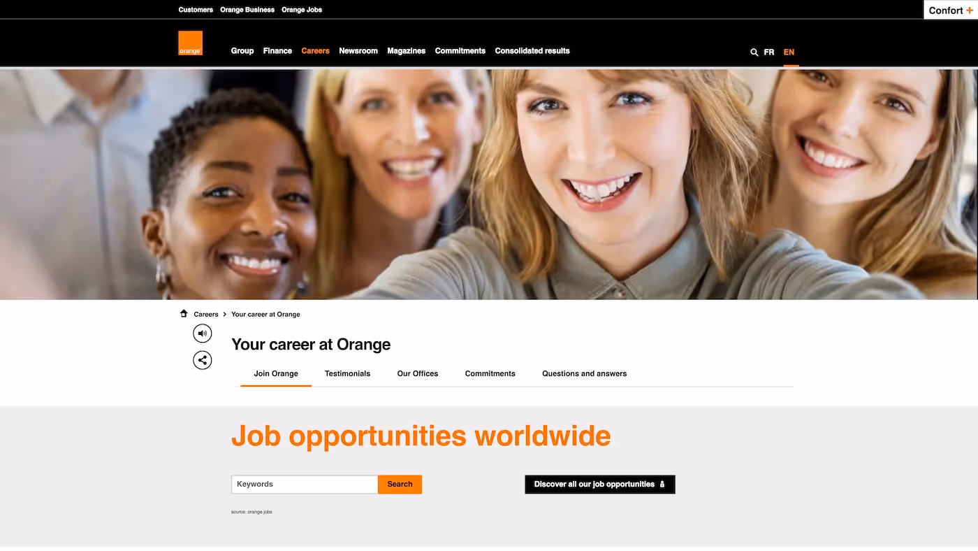 Screenshot of the official career page of Orange