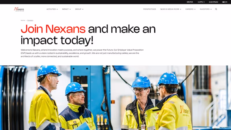 Screenshot of the official career page of Nexans