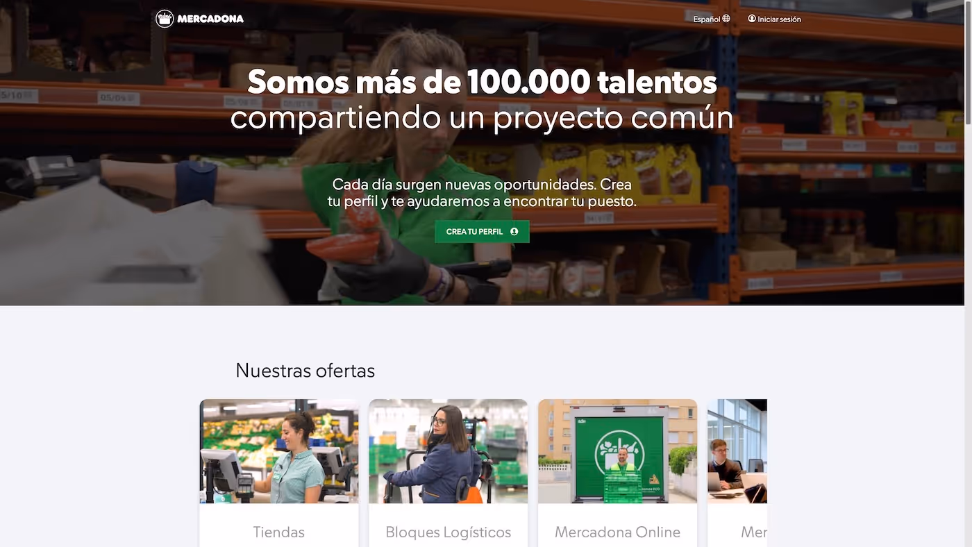 Screenshot of the official career page of Mercadona