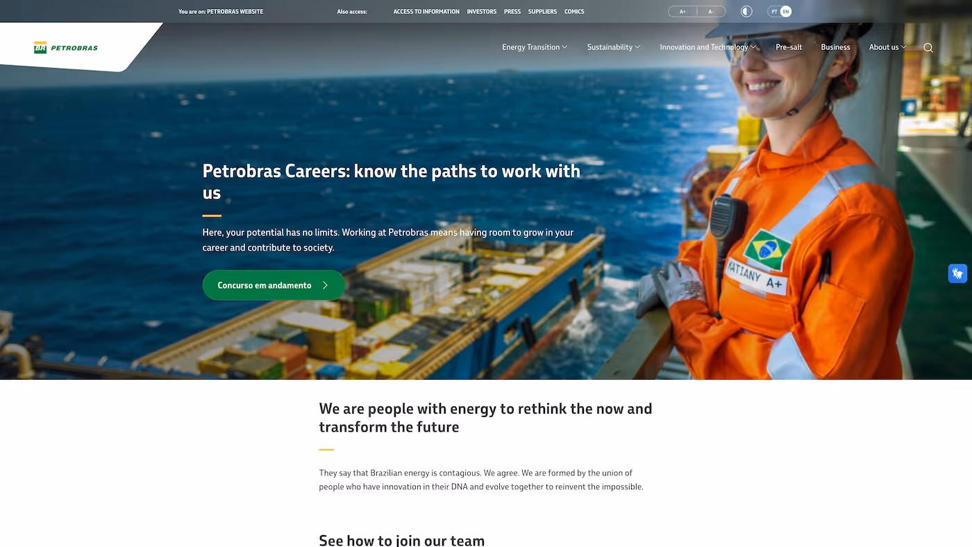 Screenshot of the official career page of Petrobras