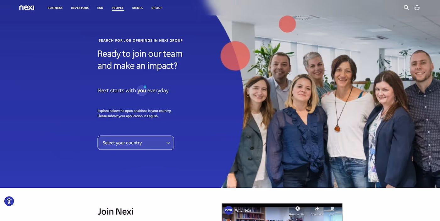 Screenshot of the official career page of Nexi