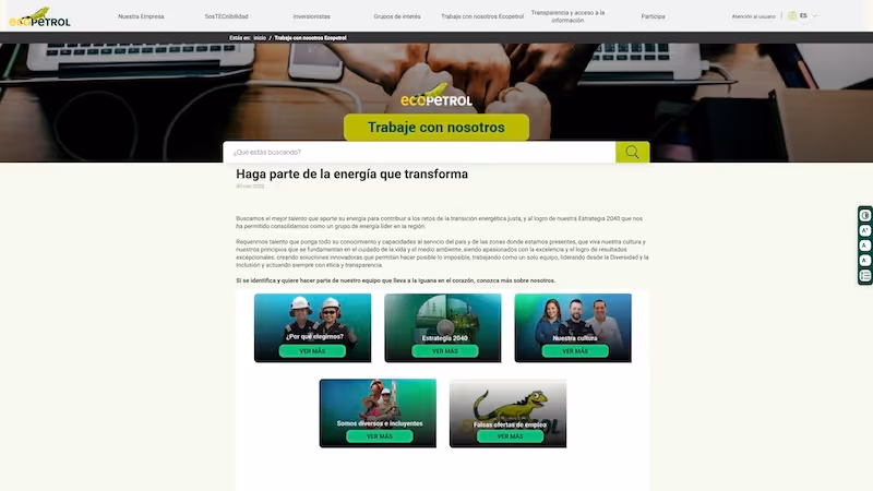 Screenshot of the official career page of Ecopetrol