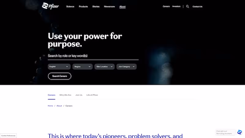 Screenshot of the official career page of Pfizer