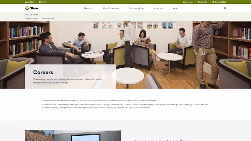 Screenshot of the official career page of Olam Group