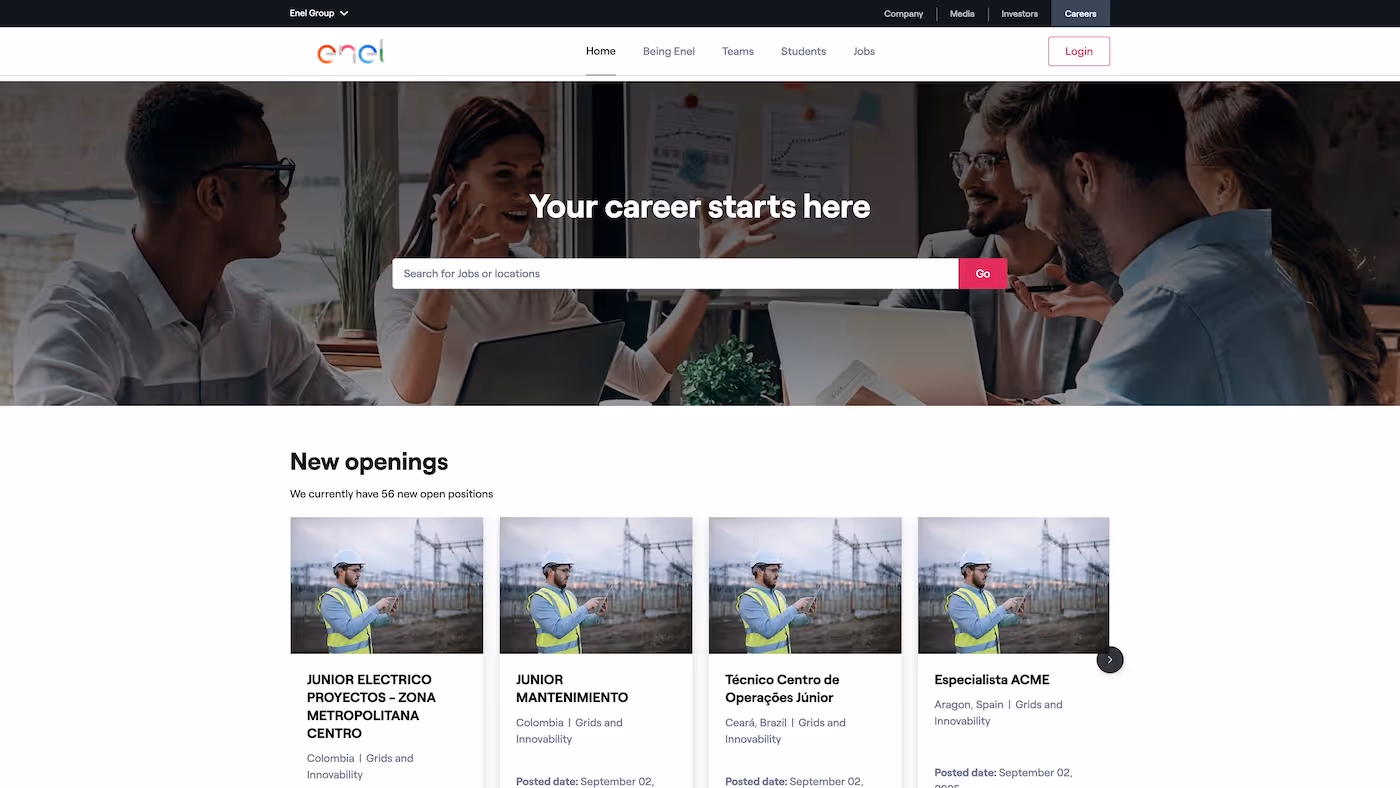 Screenshot of the official career page of Enel