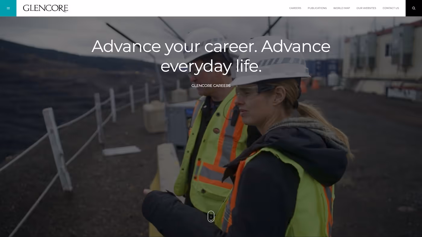 Screenshot of the official career page of Glencore