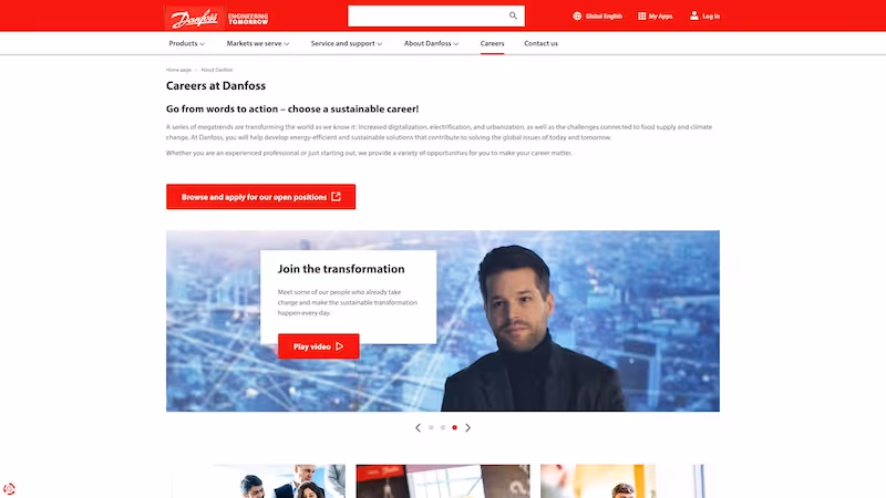 Screenshot of the official career page of Danfoss