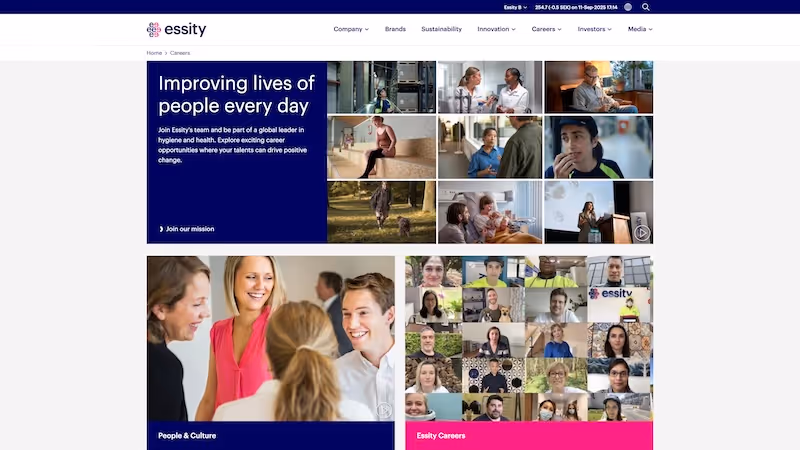 Screenshot of the official career page of Essity