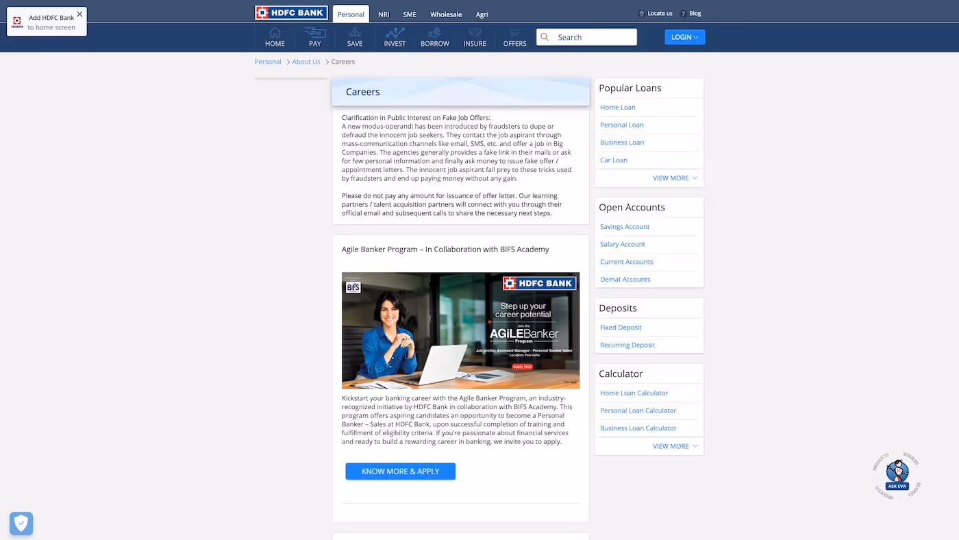Screenshot of the official career page of HDFC Bank