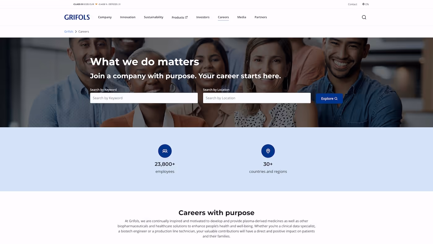 Screenshot of the official career page of Grifols