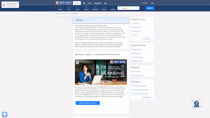 Screenshot of the official career page of HDFC Bank