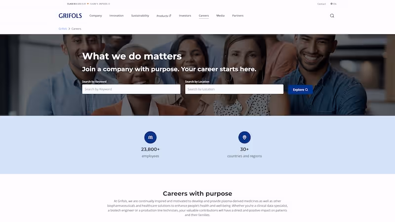 Screenshot of the official career page of Grifols