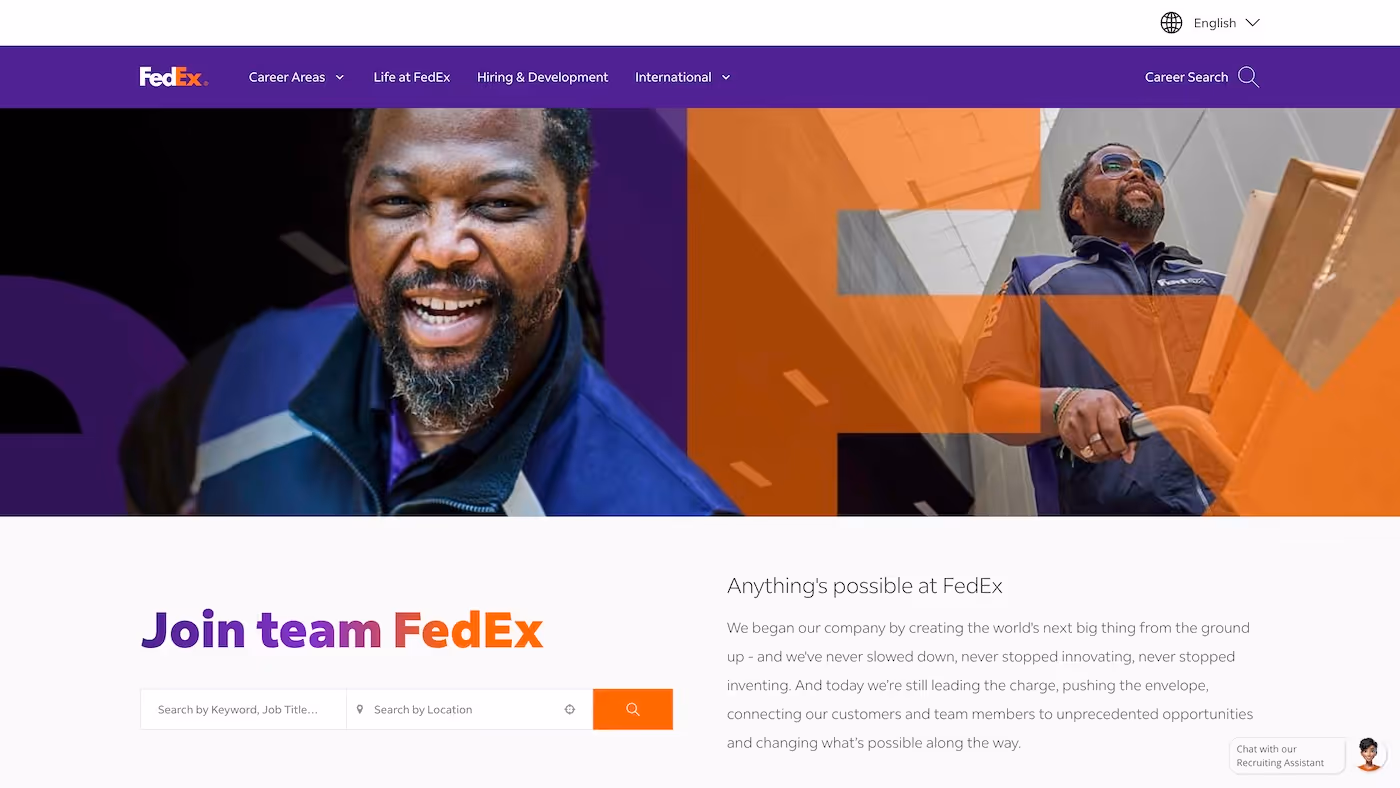 Screenshot of the official career page of FedEx
