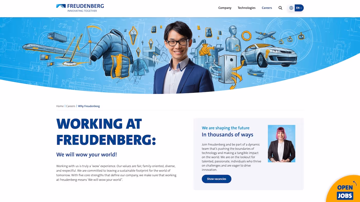 Screenshot of the official career page of Freudenberg Group