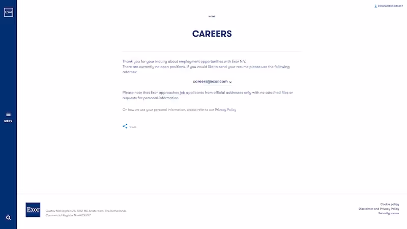 Screenshot of the official career page of EXOR Group