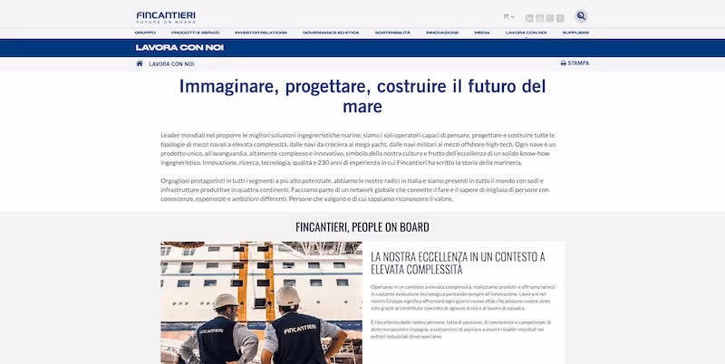 Screenshot of the official career page of Fincantieri