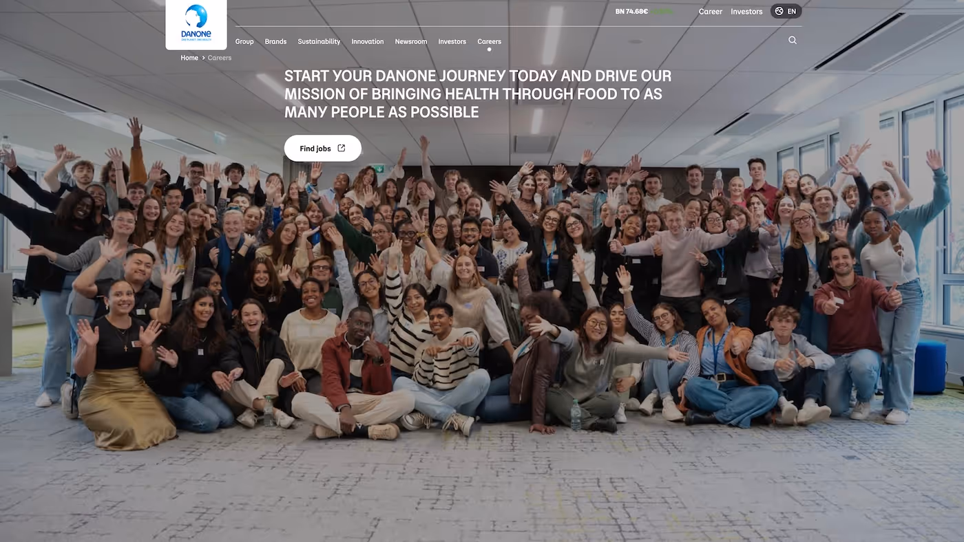 Screenshot of the official career page of Danone