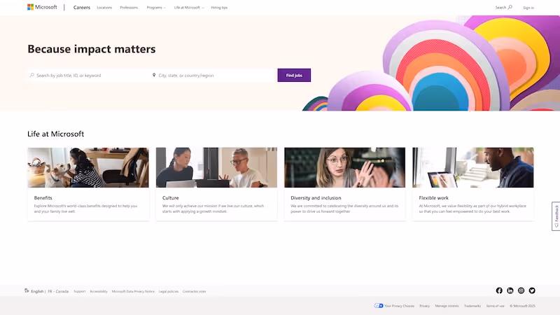 Screenshot of the official career page of Microsoft