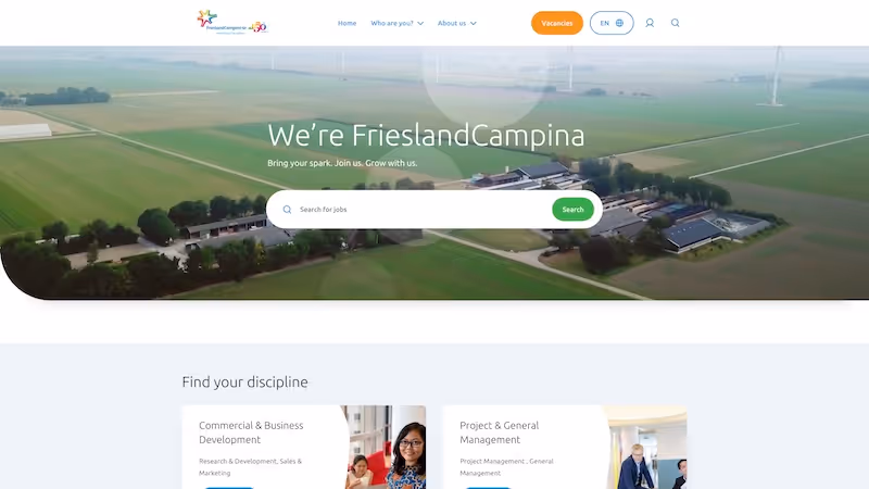 Screenshot of the official career page of FrieslandCampina