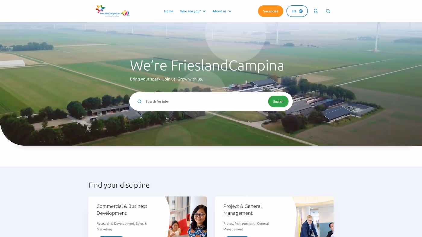 Screenshot of the official career page of FrieslandCampina