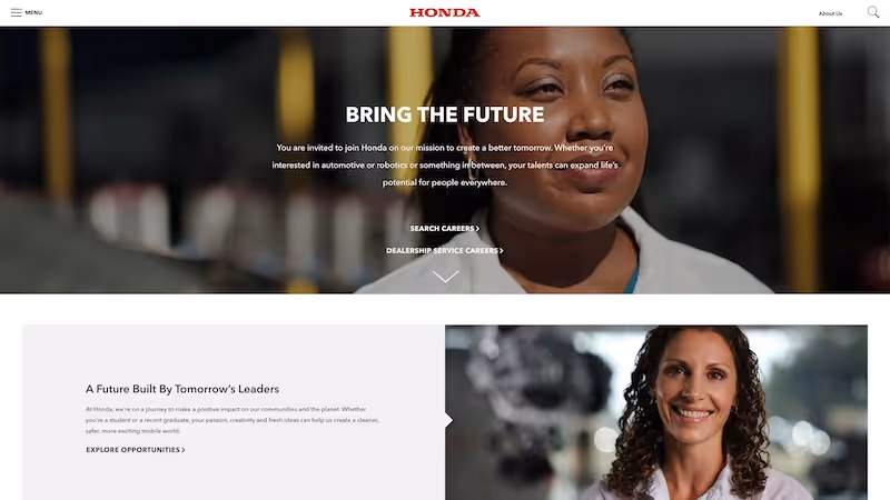 Screenshot of the official career page of Honda Motor