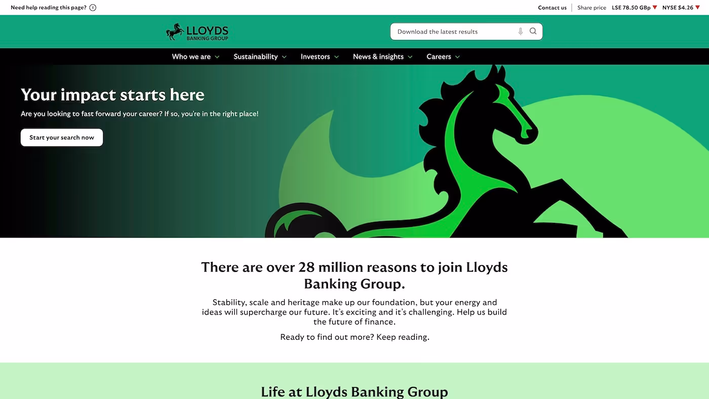 Screenshot of the official career page of Lloyds Banking Group