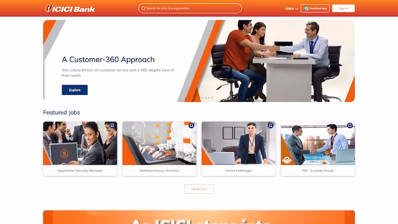 Screenshot of the official career page of ICICI Bank